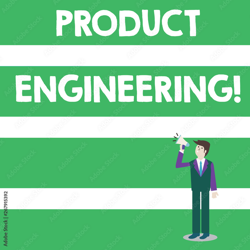 Naklejka premium Text sign showing Product Engineering. Business photo text process of designing and developing a device or a system Businessman Looking Up, Holding and Talking on Megaphone with Volume Icon