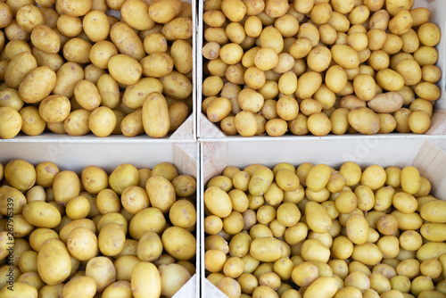 Stacked crates of fresh harvested potatoes in market for sale in Ile de Ré France for background