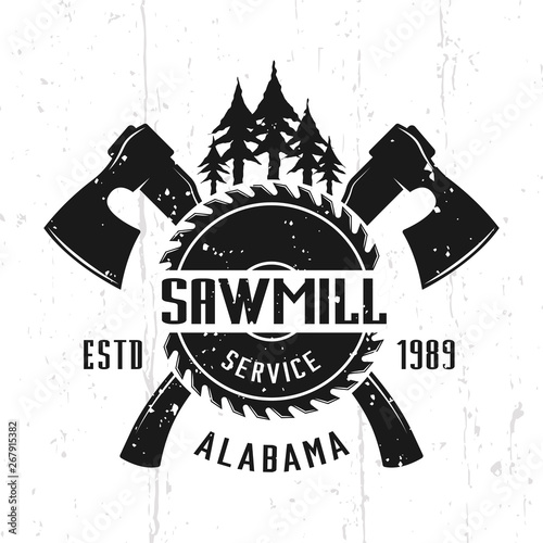 Sawmill service and woodworks vector emblem