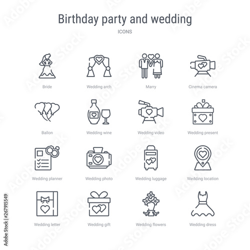 set of 16 birthday party and wedding concept vector line icons such as wedding dress, wedding flowers, gift, letter, location, luggage, photo, planner. 64x64 thin stroke icons