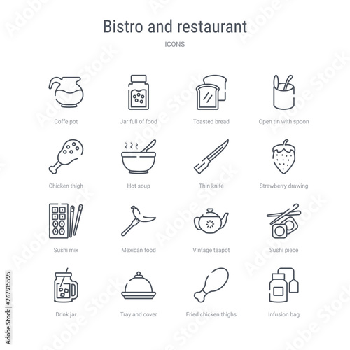 set of 16 bistro and restaurant concept vector line icons such as infusion bag, fried chicken thighs, tray and cover, drink jar, sushi piece, vintage teapot, mexican food, sushi mix. 64x64 thin