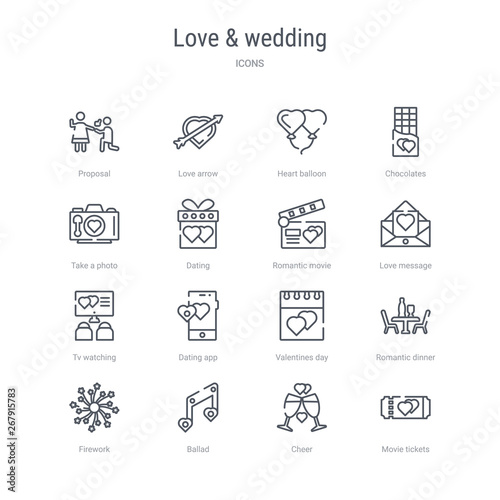 set of 16 love & wedding concept vector line icons such as movie tickets, cheer, ballad, firework, romantic dinner, valentines day, dating app, tv watching. 64x64 thin stroke icons