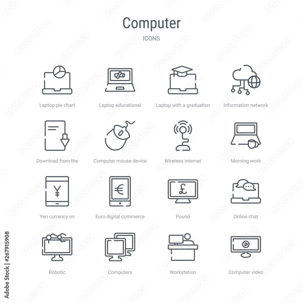 set of 16 computer concept vector line icons such as computer video, workstation, computers, robotic, online chat, pound, euro digital commerce, yen currency on tablet screen. 64x64 thin stroke set of 16 computer concept vector line icons such as computer video, workstation, computers, robotic, online chat, pound, euro digital commerce, yen currency on tablet screen. 64x64 thin stroke