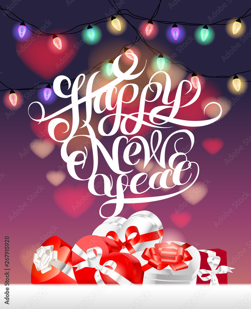 Naklejka premium Christmas and New Year holiday decorate poster with calligraphy text.