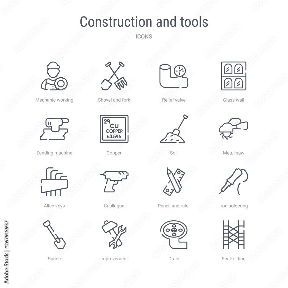 set of 16 construction and tools concept vector line icons such as scaffolding, drain, improvement, spade, iron soldering, pencil and ruler, caulk gun, allen keys. 64x64 thin stroke icons set of 16 construction and tools concept vector line icons such as scaffolding, drain, improvement, spade, iron soldering, pencil and ruler, caulk gun, allen keys. 64x64 thin stroke icons