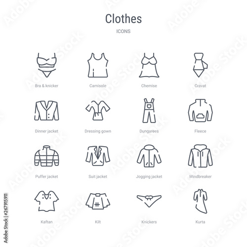 set of 16 clothes concept vector line icons such as kurta, knickers, kilt, kaftan, windbreaker, jogging jacket, suit jacket, puffer jacket. 64x64 thin stroke icons