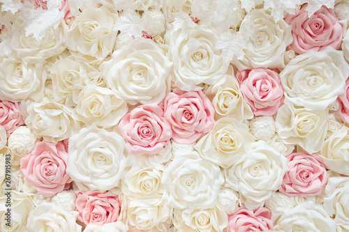 Beautiful white and pink roses Background. Rose wall. Artificial roses.