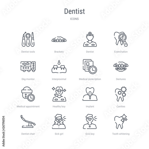 set of 16 dentist concept vector line icons such as tooth whitening, sick boy, sick girl, dentist chair, cavities, implant, healthy boy, medical appointment. 64x64 thin stroke icons