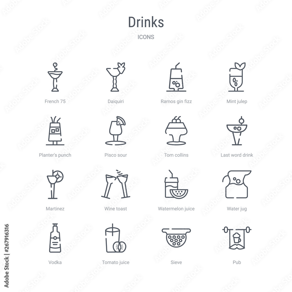 set of 16 drinks concept vector line icons such as pub, sieve, tomato juice, vodka, water jug, watermelon juice, wine toast, martinez. 64x64 thin stroke icons set of 16 drinks concept vector line icons such as pub, sieve, tomato juice, vodka, water jug, watermelon juice, wine toast, martinez. 64x64 thin stroke icons
