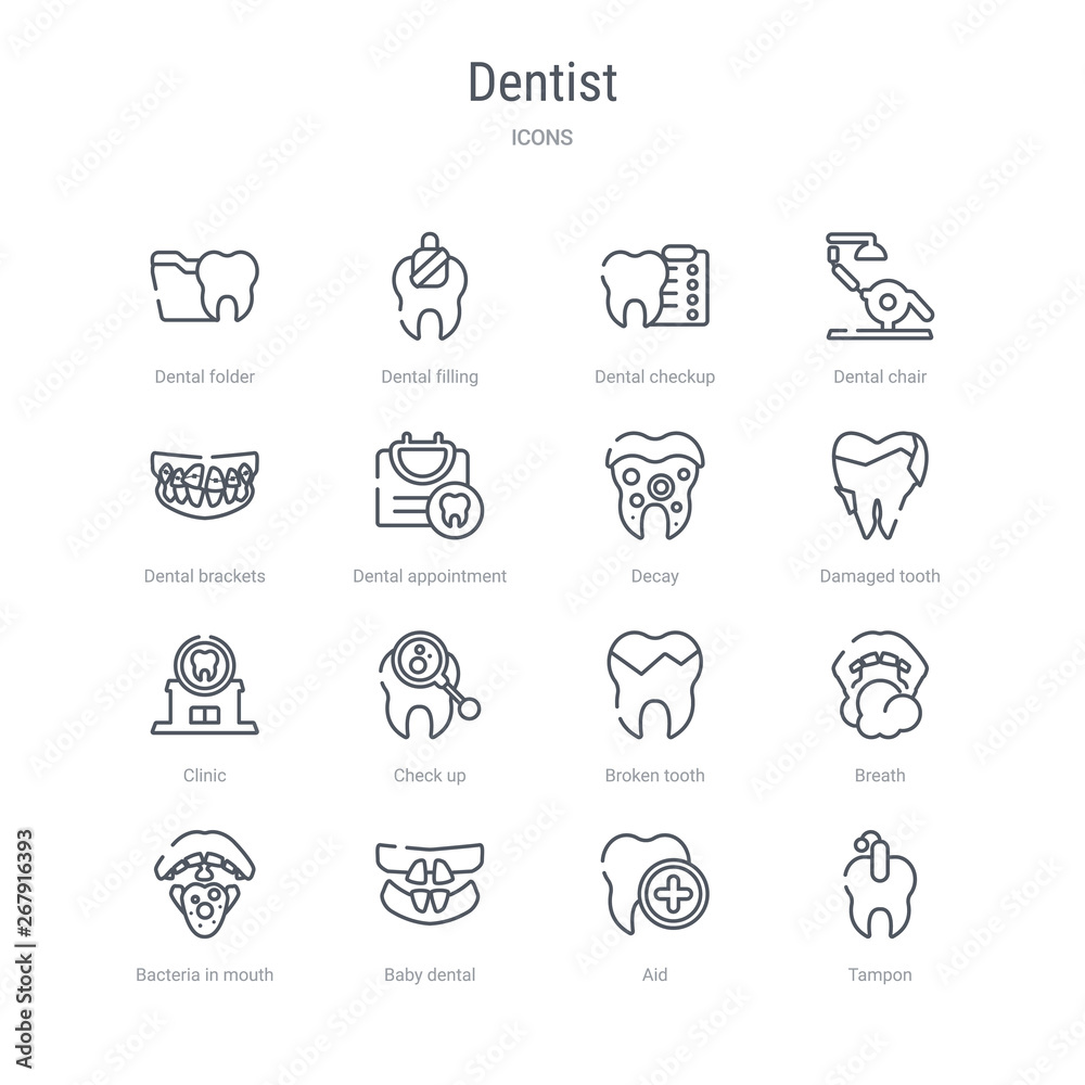 set of 16 dentist concept vector line icons such as tampon, aid, baby dental, bacteria in mouth, breath, broken tooth, check up, clinic. 64x64 thin stroke icons