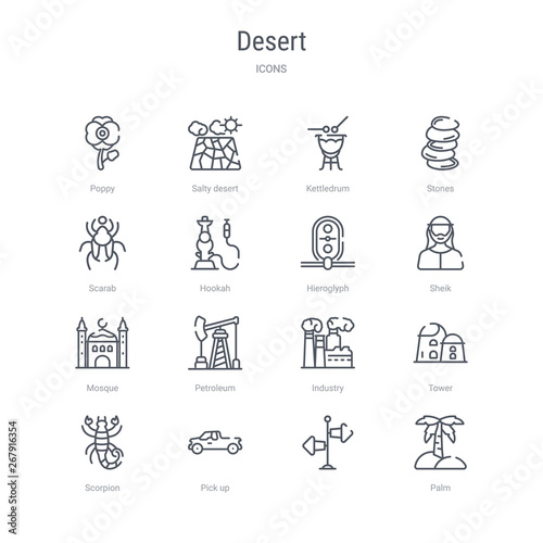 set of 16 desert concept vector line icons such as palm,  , pick up, scorpion, tower, industry, petroleum, mosque. 64x64 thin stroke icons