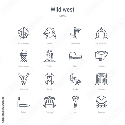 set of 16 wild west concept vector line icons such as poncho, ax, carriage, bullet, saloon, snake, bandit, bull skull. 64x64 thin stroke icons