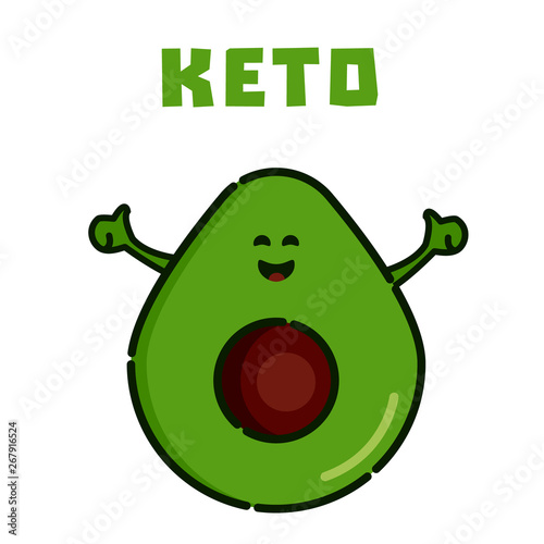 Avocado cartoon character as symbol of Keto. Ketogenic diet for weight loss and treatment. High-fat, low-carbohydrate intake concept. Medical poster for health magazines.