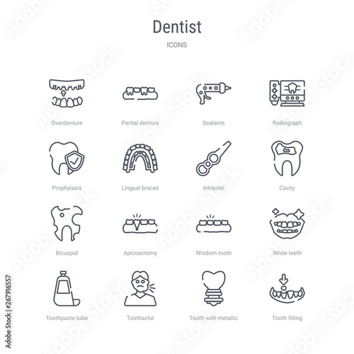 set of 16 dentist concept vector line icons such as tooth filling, tooth with metallic root, toothache, toothpaste tube, white teeth, wisdom tooth, apicoectomy, bicuspid. 64x64 thin stroke icons