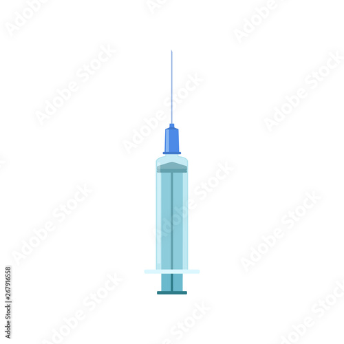 Vector illustration of a hypodermic syringe isolated on white background. Medical poster. Vaccination, treatment and blood donation concept.