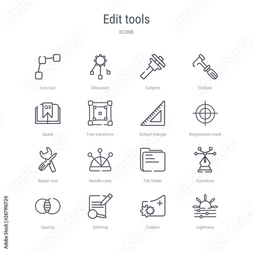 set of 16 edit tools concept vector line icons such as lightness, folders, defining, opacity, curvature, file folder, needle case, repair tool. 64x64 thin stroke icons