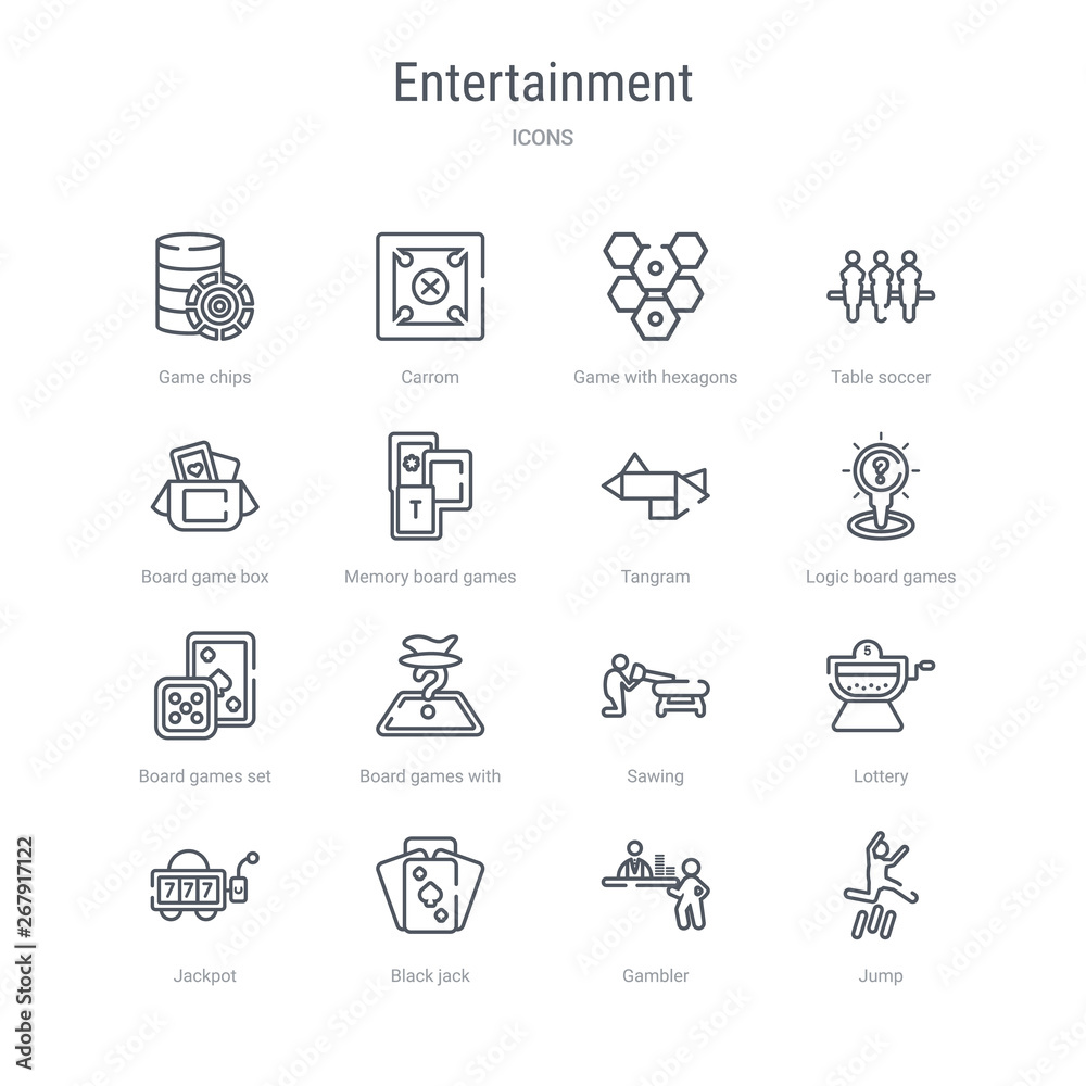 set of 16 entertainment concept vector line icons such as jump, gambler, black jack, jackpot, lottery, sawing, board games with roles, board games set. 64x64 thin stroke icons