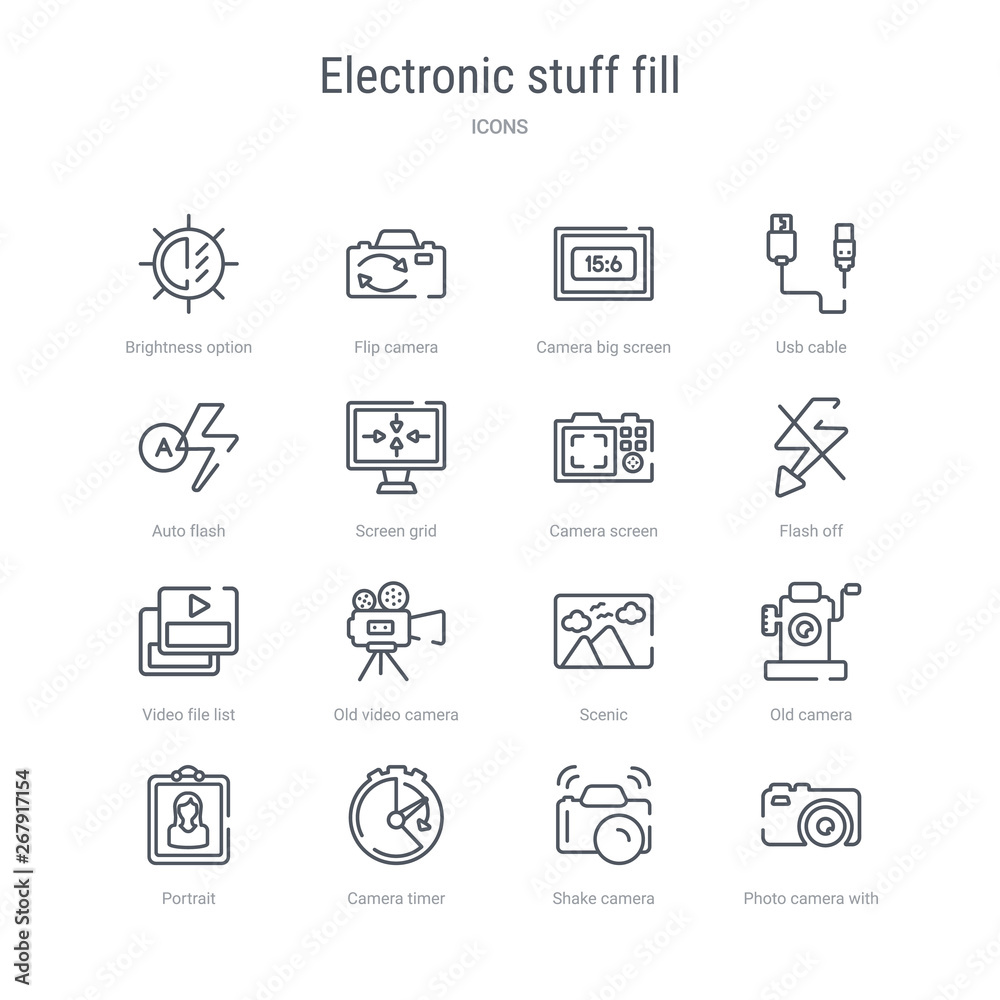set of 16 electronic stuff fill concept vector line icons such as photo camera with flash, shake camera, camera timer, portrait, old scenic, old video video file list. 64x64 thin stroke icons