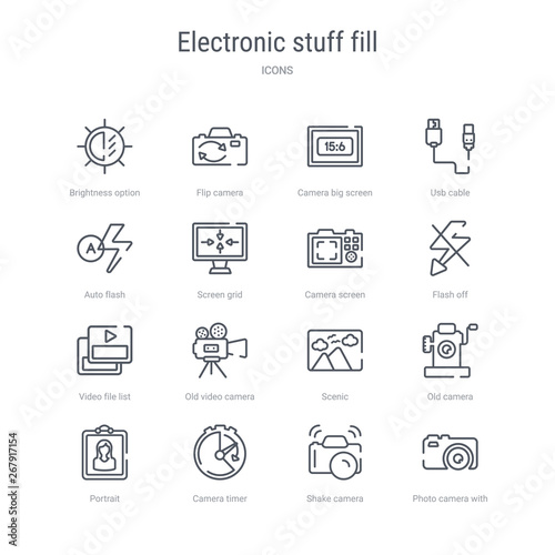 set of 16 electronic stuff fill concept vector line icons such as photo camera with flash, shake camera, camera timer, portrait, old scenic, old video video file list. 64x64 thin stroke icons