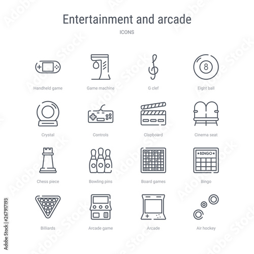 set of 16 entertainment and arcade concept vector line icons such as air hockey, arcade, arcade game, billiards, bingo, board games, bowling pins, chess piece. 64x64 thin stroke icons