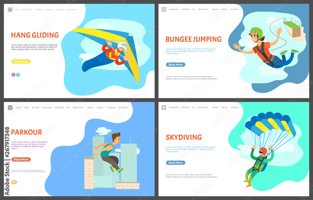 Skydiving and paragliding vector, bungee jumping woman in flight, urban lifestyle parkour, parachutist at sky, skydiver and  hang gliding. Website or webpage template, landing page flat style