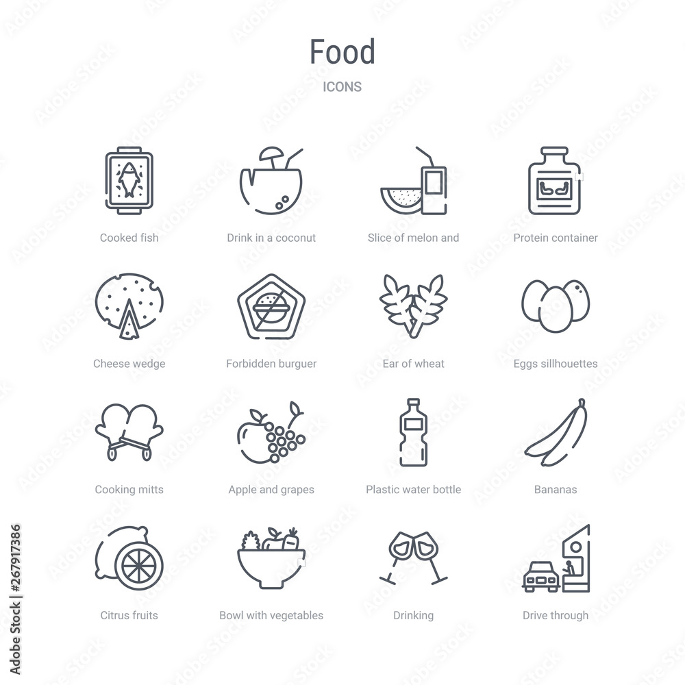set of 16 food concept vector line icons such as drive through, drinking, bowl with vegetables, citrus fruits, bananas, plastic water bottle, apple and grapes, cooking mitts. 64x64 thin stroke icons set of 16 food concept vector line icons such as drive through, drinking, bowl with vegetables, citrus fruits, bananas, plastic water bottle, apple and grapes, cooking mitts. 64x64 thin stroke icons