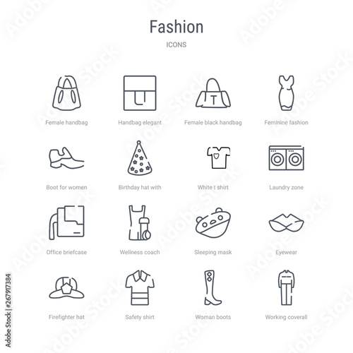 set of 16 fashion concept vector line icons such as working coverall, woman boots, safety shirt, firefighter hat, eyewear, sleeping mask, wellness coach, office briefcase. 64x64 thin stroke icons
