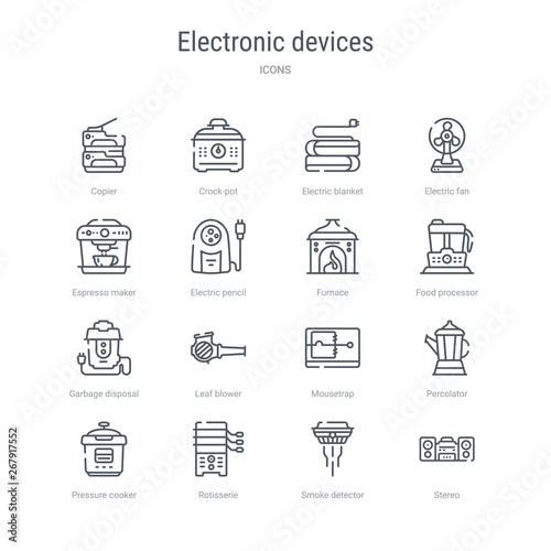 set of 16 electronic devices concept vector line icons such as stereo, smoke detector, rotisserie, pressure cooker, percolator, mousetrap, leaf blower, garbage disposal. 64x64 thin stroke icons