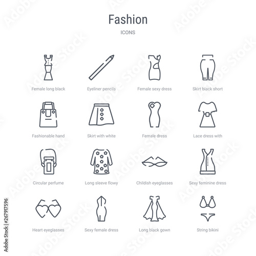 set of 16 fashion concept vector line icons such as string bikini, long black gown, sexy female dress, heart eyeglasses, sexy feminine dress in black, childish eyeglasses, long sleeve flowy dress,