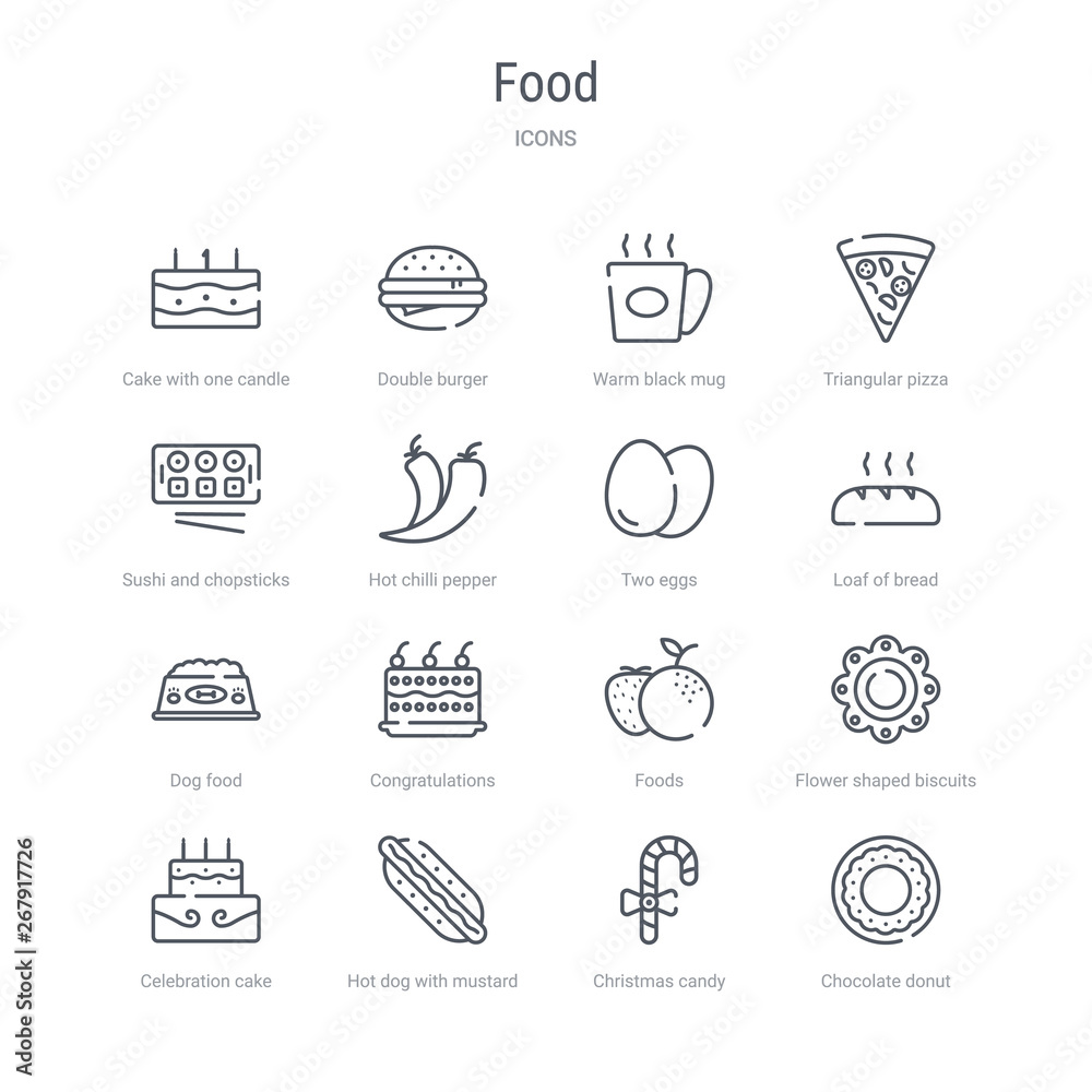 set of 16 food concept vector line icons such as chocolate donut, christmas candy sticks, hot dog with mustard, celebration cake, flower shaped biscuits, foods, congratulations, dog food. 64x64 thin