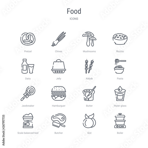 set of 16 food concept vector line icons such as boiler, slot, butcher, scale balanced tool, water glass, butter, hamburguer, jawbreaker. 64x64 thin stroke icons