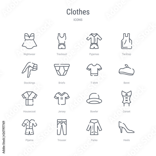 set of 16 clothes concept vector line icons such as heels, parka, trouser, pijama, corset, bowler, jersey, housecoat. 64x64 thin stroke icons