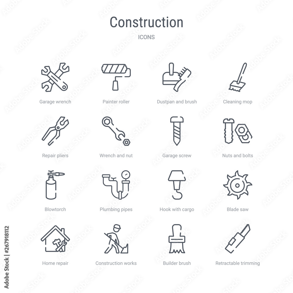 Naklejka premium set of 16 construction concept vector line icons such as retractable trimming knife, builder brush, construction works, home repair, blade saw, hook with cargo, plumbing pipes, blowtorch. 64x64 thin
