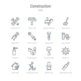set of 16 construction concept vector line icons such as retractable trimming knife, builder brush, construction works, home repair, blade saw, hook with cargo, plumbing pipes, blowtorch. 64x64 thin