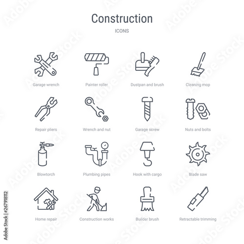 set of 16 construction concept vector line icons such as retractable trimming knife  builder brush  construction works  home repair  blade saw  hook with cargo  plumbing pipes  blowtorch. 64x64 thin