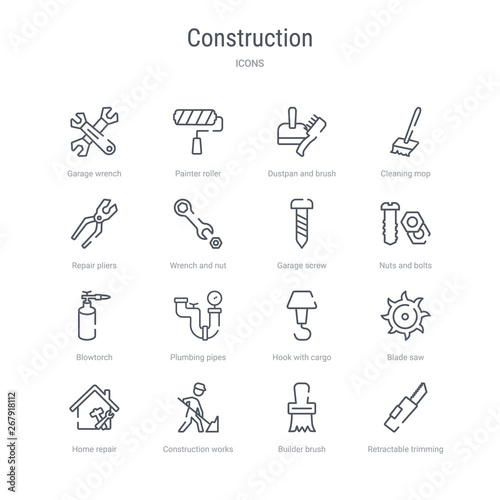 set of 16 construction concept vector line icons such as retractable trimming knife, builder brush, construction works, home repair, blade saw, hook with cargo, plumbing pipes, blowtorch. 64x64 thin