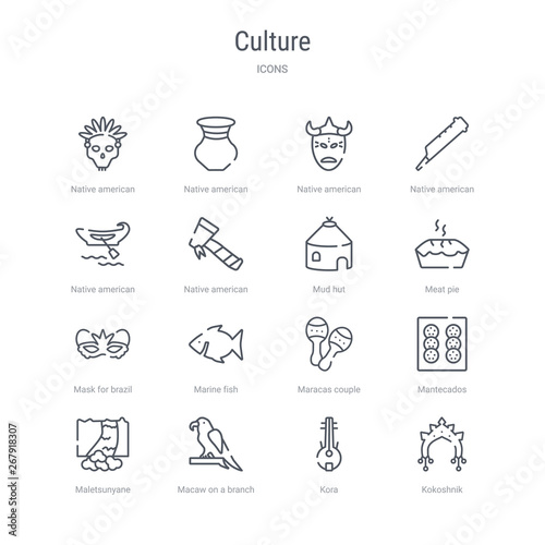 set of 16 culture concept vector line icons such as kokoshnik, kora, macaw on a branch, maletsunyane, mantecados, maracas couple, marine fish, mask for brazil carnival celebration. 64x64 thin stroke