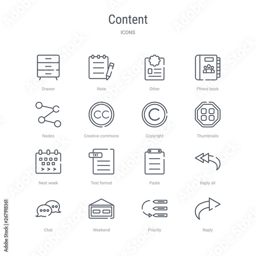 set of 16 content concept vector line icons such as reply, priority, weekend, сhat, reply all, paste, text format, next week. 64x64 thin stroke icons