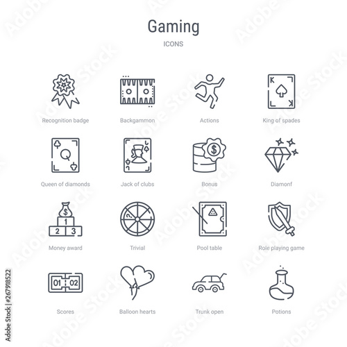 set of 16 gaming concept vector line icons such as potions  trunk open  balloon hearts  scores  role playing game  pool table  trivial  money award. 64x64 thin stroke icons