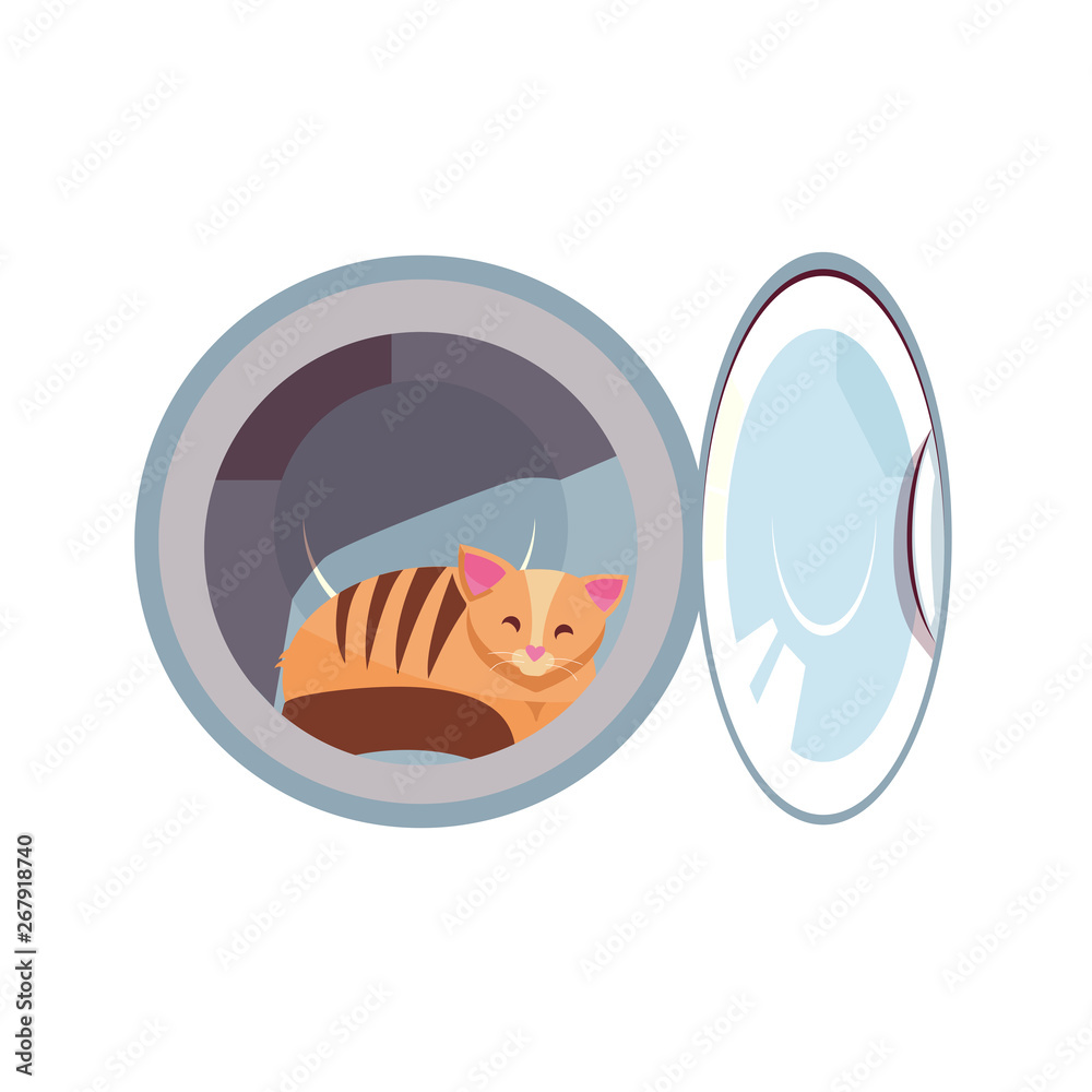 Cat in the washing machine drum. Cozy cat is naughty. Kitty inside laundry  washer flat cartoon vector illustration isolated on white background. Stock  Vector | Adobe Stock
