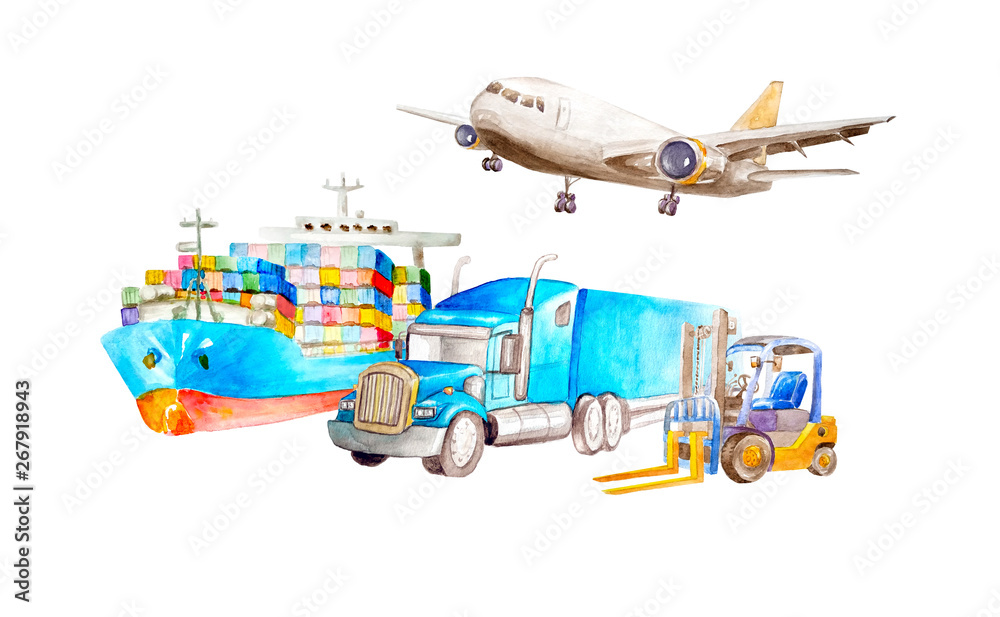 Watercolor transport and logistics concepts with container ship, cargo plane, classic American truck trailer and forklift in a row. for logistic import export and transport industry concept.