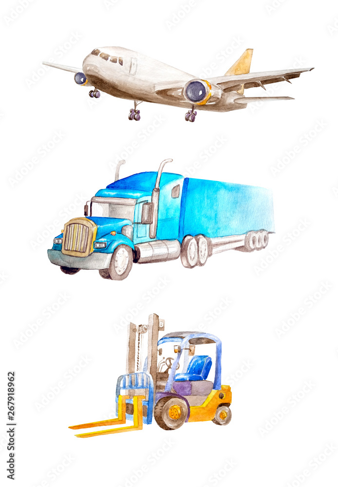 Watercolor cargo plane, classic American lorry truck trailer and forklift. On a white background isolated for business cards.For illustration of cargo transport, traffic or day of transport workers