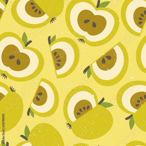 Apples and leaves background. Hand drawn overlapping backdrop. Colorful wallpaper vector. Seamless pattern with fruits collection. Decorative illustration, good for printing. Design poster