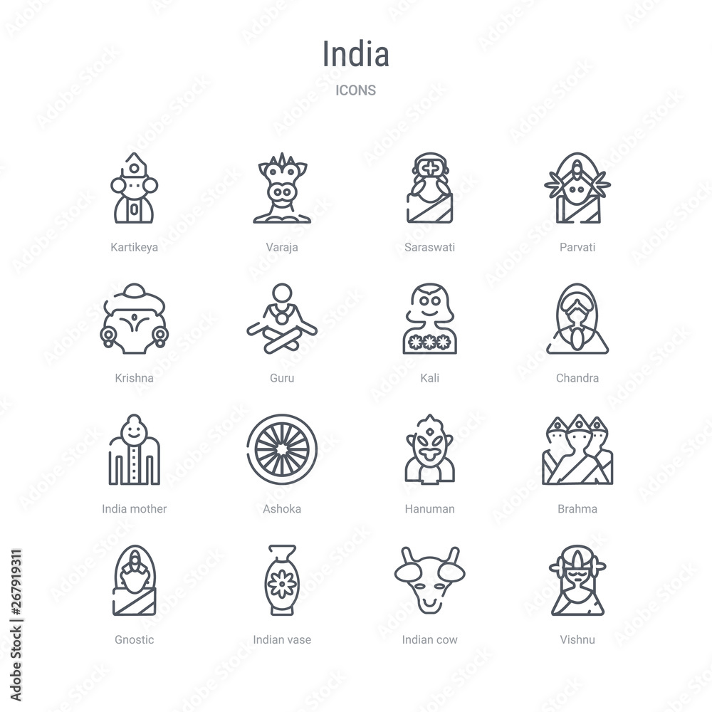 set of 16 india concept vector line icons such as vishnu, indian cow, indian vase, gnostic, brahma, hanuman, ashoka, india mother. 64x64 thin stroke icons set of 16 india concept vector line icons such as vishnu, indian cow, indian vase, gnostic, brahma, hanuman, ashoka, india mother. 64x64 thin stroke icons