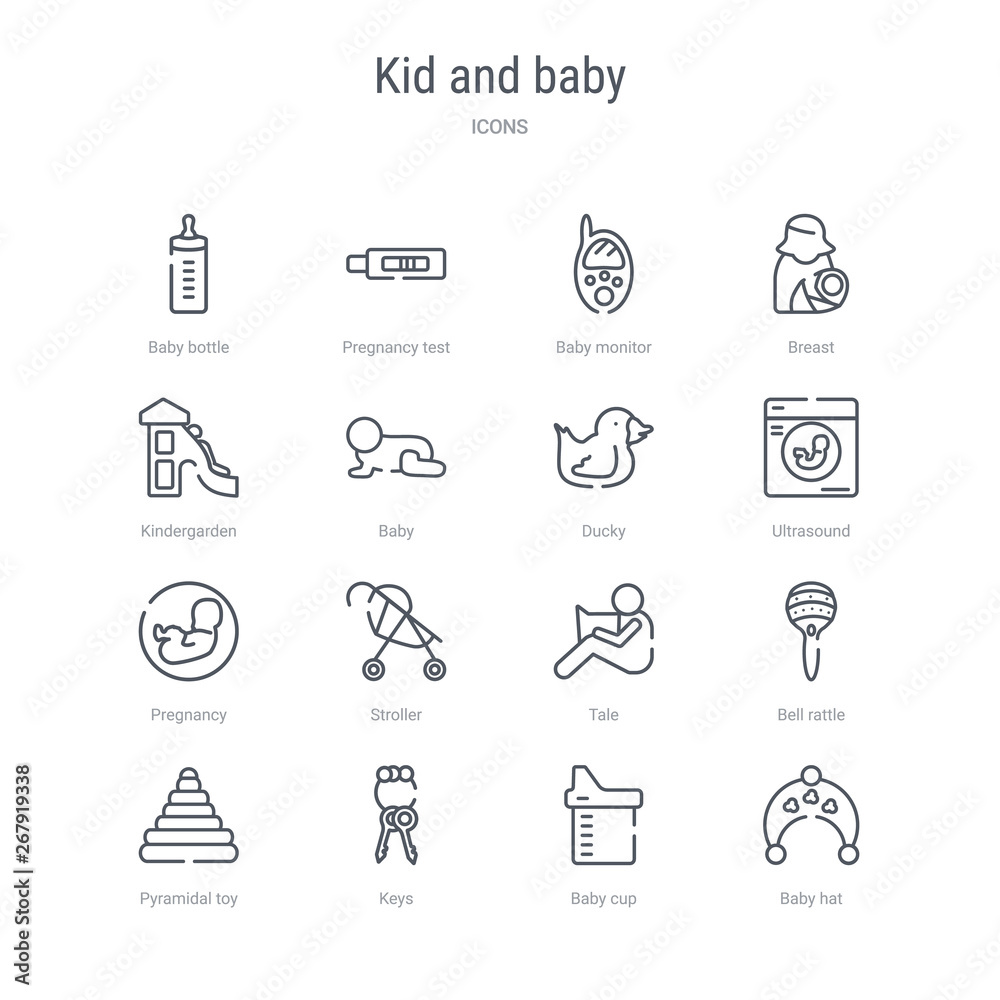 set of 16 kid and baby concept vector line icons such as baby hat, baby cup, keys, pyramidal toy, bell rattle, tale, stroller, pregnancy. 64x64 thin stroke icons