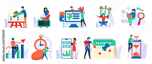 Time management and organization vector, people with calendar and clocks dealing with deadlines. Infographics and charts on board, reminder on phone