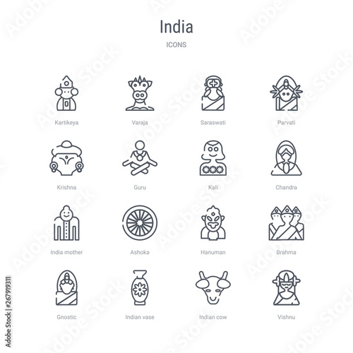 set of 16 india concept vector line icons such as vishnu, indian cow, indian vase, gnostic, brahma, hanuman, ashoka, india mother. 64x64 thin stroke icons