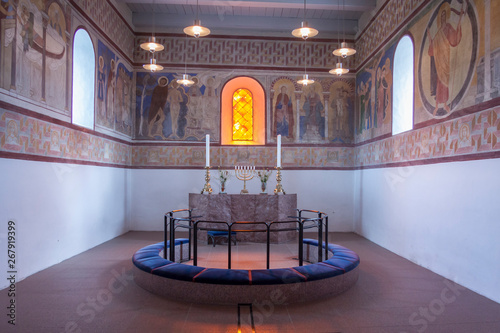 Interior of white church in Jelling, Denmark. photo