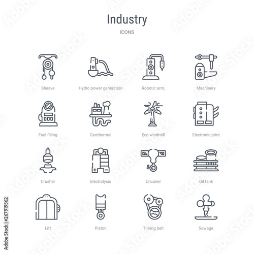 set of 16 industry concept vector line icons such as sewage, timing belt, piston, lift, oil tank, uncoiler, electrolysis, crusher. 64x64 thin stroke icons