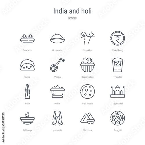 set of 16 india and holi concept vector line icons such as rangoli, samosa, namaste, oil lamp, taj mahal, full moon, phirni, pray. 64x64 thin stroke icons